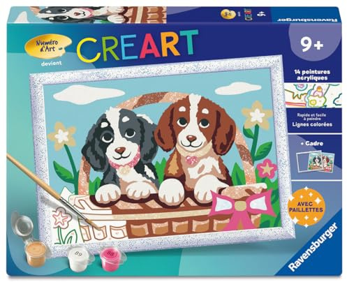 Ravensburger - CreArt Kids 18x24 cm - Numéro d'art - Chiots dans Panier - Kit de Peinture par numéros - Dès 9 Ans - 12023047