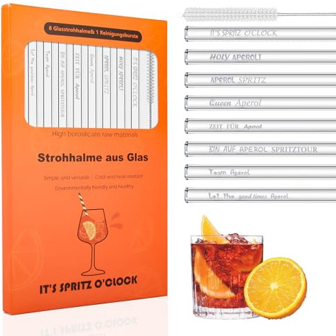 8 Stück Aperol Glasstrohhalme mit Aperol Spritz Sprüche, Aperol Spritz Geschenkset, 20cm Wiederverwendbare Glasstrohalm für Cocktails, Smoothie und Säfte, Transparent Φ8mm Trinkhalme Glas (gerade)