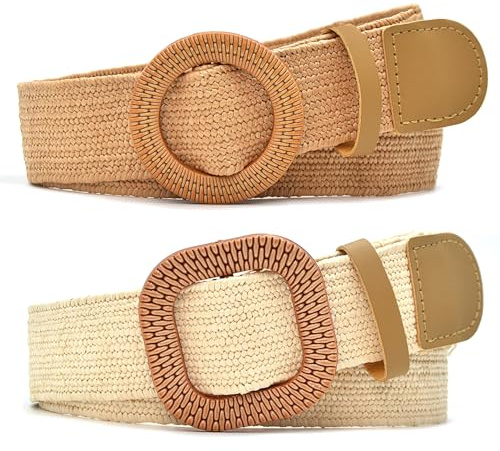 DUOXIN 2 Stück Damen Strohgeflochtene Taillengürtel, Elastischer Stretch Einstellbar Modische Boho-Flechtgürtel im Ethno-Stil, Breiter Rockgürtel für Kleider, Hosen, Röcke