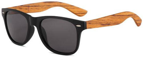 Long Keeper Sonnenbrille Holz Herren Damen Klassische Retro Holzwurm Sonnenbrille Schwarz mit Holzrahmen 80er Verspiegelte Brille Dunkle Gläser UV400-Schutz