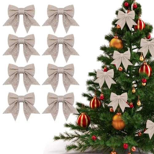 QEEROYO Decorazioni natalizie a forma di fiocco, 8 pezzi, color oro champagne, per decorazioni per alberi, piccoli fiocchi per albero di Natale, per confezioni regalo, decorazioni natalizie