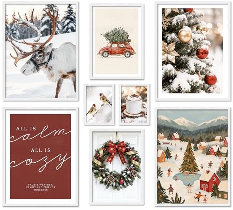 ARTFAVES® Poster Set - CHRISTMAS HOLIDAYS - mehrteilige Wanddeko Wohnzimmer & Schlafzimmer - 8 moderne Wandbilder Weihnachten, Winter, Schnee, Weihnachtszeit - mit Rahmen Weiss