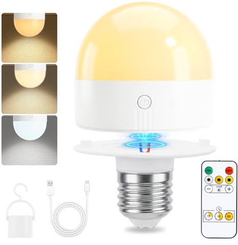 Rechargeable Light Bulb with Timer and Remote, Dimmable Battery Light Bulbs with Magnetic Base, E27 Detachable Charging LED Bulb, Non Hardwired Lamps with 3 Color Temperatures, 1 Packs (1, E27)