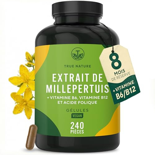 Millepertuis - 5000mg (10:1) par unité | 240 Gélules pour 8 Mois | Bonne Humeur, Anti-Stress & Sommeil | + Vitamines B6, B12 & Acide Folique | Sans Additifs, Gluten & Lactose | TRUE NATURE