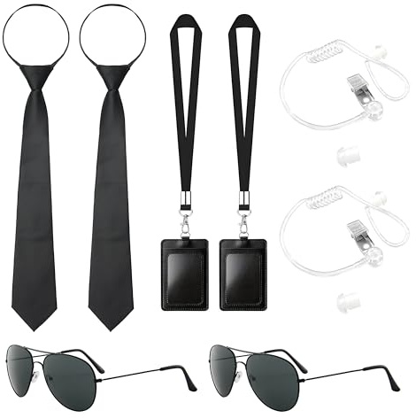CATMEYE Kit de Déguisement Agent Secret 10 Pièces, Costume d’Agent & d’Espion avec Lunettes de Soleil Noires, Cravate à Fermeture Éclair, Oreillette et Carte d’Identité