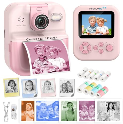 Kids Instant Print Camera with App & Bluetooth, Mini Printer Camera, AI Creative Printing, Prints in 5 Mono Colours, 180° Rotating Selfie Lens, 48MP, 1080P HD, Gift for Boys & Girls Age 6+ (Pink)