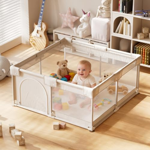 Koonmi Baby-Laufstall 120 x 120 cm, faltbares Laufgitter Hellgrau | Atmungsaktives Netz mit Stoff und Saugnäpfen, faltbarer Spielbereich für Babys und Kleinkinder, innen und außen