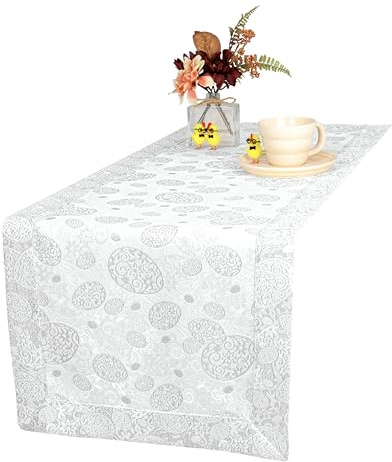 invitta Edler Oster-Tischläufer mit Silberfaden 40x80 cm – Elegantes Ostereier-Muster, Sauber Genäht mit Kuvertsaum, Fleckgeschützt, Doppelseitig, Premium 230g/m²