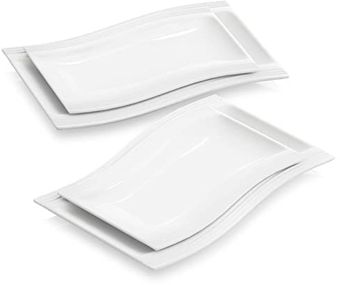 MALACASA, Série Flora, 4pcs Assiettes Plates Porcelaine Blanc Crème 2pcs 13,25 & 2pcs 11 Assiette à Gâteau Dessert Hors-D'Oeuvre Rectangulaire Plat de Service
