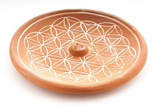 Räucherhalter Blume des Lebens Keramik Natur Ø 15 cm | Lebensblume Räucherschale aus Ton für Räucherstäbchen | Räuchergefäß für Kräuter Räucherkegel Kohle zum Räuchern | Esoterik Geschenke günstig