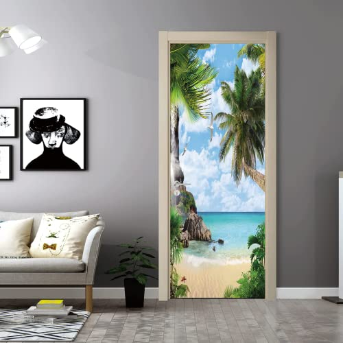 FLFK 3D Palm Tree Door Murals Peel and Stick 77x200cm- Self-Adhesive Door Wall Murals Wallpaper Decals for Home Bedroom Office(2Pcs/Set)
