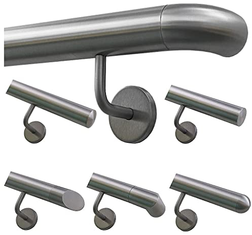 TIBU Handlauf Geländer Edelstahl Ø 42,4 mm - Länge 50 cm - Ende Bogen zur Wand und gewinkelte Halter - Rostfrei für Außen und Innen