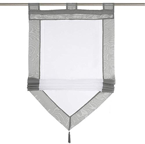 Raffrollo mit Quaste Dreieck Raffgardine Voile Transparent Schlaufen Vorhang (BxH 80x140cm, Grau)