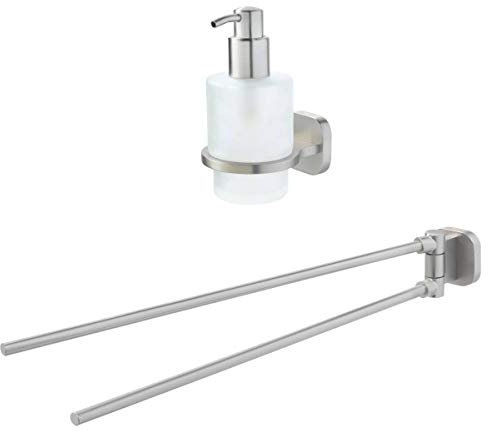 Tiger Ramos Handtuchhalter doppelt, mit Zwei schwenkbaren Armen, Edelstahl gebürstet + Ramos Glas Seifenspender, Edelstahl gebürstet