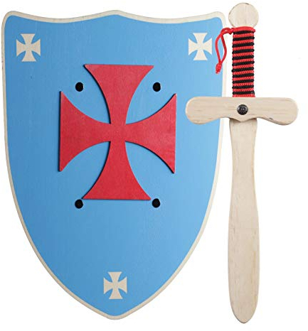 GERILEO Ritter Schwert und Schild aus Holz, Handgefertigtes - Spielzeug für Jungen, Mädchen, Kinder - Ergänzung für Spiele, Imitationsspiele, Kostüme, Mittelalter, Krieger, Mottoparty (Blau Schild)