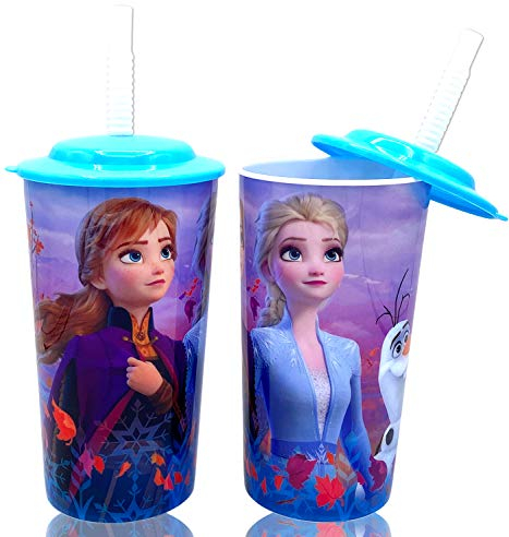 Zak Design - Set di 2 bicchieri con coperchio, con cannuccia riutilizzabile, motivo: Elsa Anna, 2 pezzi, sicuri senza BPA