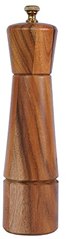 DeroTeno Pfeffermühle, Verstellbare Pfeffermühle aus Edelstahl, Akazienholz, 22 cm Höhe, Unterer DIA: 5,5 cm, Oberer DIA: 5 cm (Tablett ist NICHT im Lieferumfang enthalten)