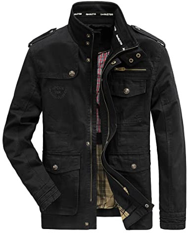 MERCIYD Veste demi-saison cargo pour homme, col montant, en coton, plusieurs poches, style militaire, adaptée à l’hiver, l'automne, décontractée, coupe-vent, Noir , M