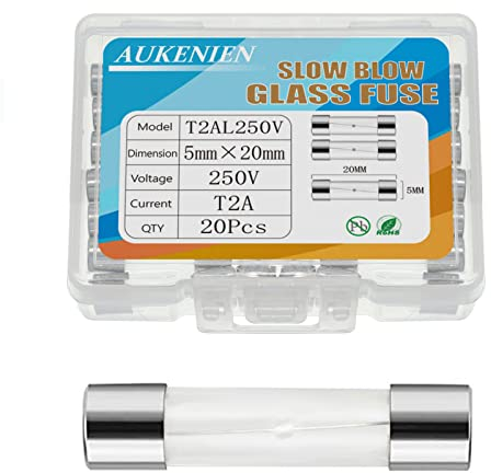 AUKENIEN 2A 2 Ampere 250V Träge Glassicherung 5x20MM T2A Sicherungen Glasrohrsicherung Feinsicherung Traege Glas Sicherung
