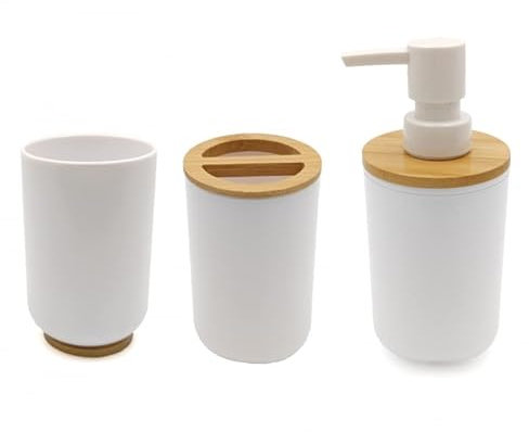 D,casa - Set Accesorios Baño de Bambú Estilo nordico Blanco - Juego de 3 Piezas