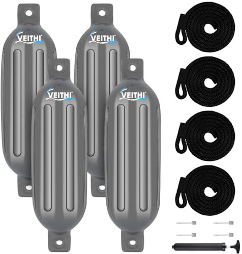 VEITHI Boat Fenders 4 Packs, Ribbed Twin Eyes Vinyl Boat Bumpers Fender, Boat Bumpers for Docking, Come with Ropes, Needles and Pump to Inflate (Grey 6.5x23inch)