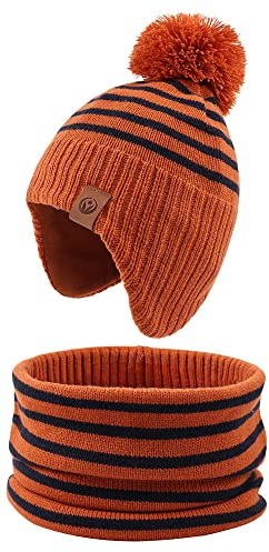 XIAOHAWANG Baby Mütze Winter Klassische Kindermütze Mädchen Jungen Warme Strickmütze mit Pompon Kleinkind Bommelmütze für Outdoor-Aktivitäten (2-4Jahren, Karamell(Hut+Schal))
