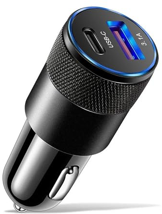 Pipestation® USB C Car Charger | USB-C Port & USB 3.1 | USB Cigarette Lighter Adapter Compatible with iPhone 14 13 12 11 Pro Max XR XS Samsung Galaxy S22 S21 S20 Note Smartphones Tablets Watches