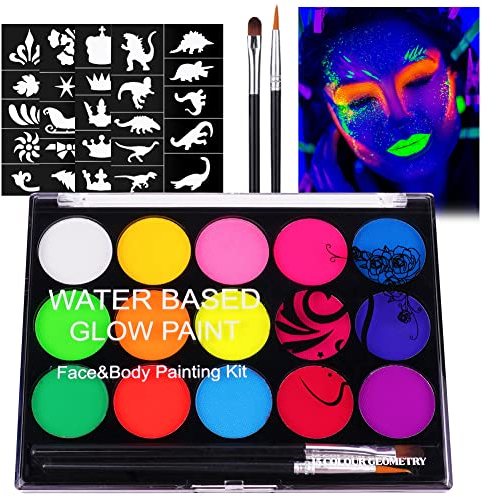 URAQT Pintacaras Infantil, 15 Colores UV Fluorescente Pintura Cara Niños Hipoalergenica, Neon Pintura Facial y Corporal Seguridad No Tóxica, Maquillaje para Niñas Halloween Festival Fiesta Cosplay