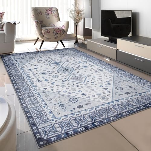 TALETA Teppich Wohnzimmer Vintage orientlischer Teppich, Carpet Teppich Kurzflor waschbar, Area Rugs, weicher Teppich bunt für Wohnzimmer, Schalfzimmer, Eisszimmer - Denim blau, Groß: 120 x 170 cm