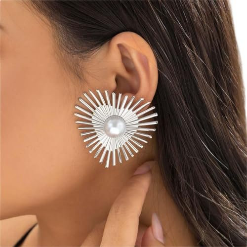 Clataly Fan-förmige Ohrringe Retro Herz-förmige Perlenohrringe Übertriebene Quaste Schmuck für Frauen und Mädchen (Silber)
