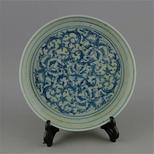 Plato de porcelana china Qing azul y blanca pintada a mano con diseño de flores