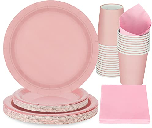 96 pièces Rose ensemble d'assiettes en carton jetables assiettes en papier, gobelets, serviettes, BBQ Party Pique-nique - place pour 24 personnes