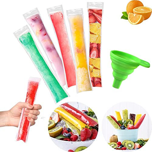 200 Pcs Sacs de Formes de Popsicle Sacs de Pops sans BPA avec un Entonnoir pour Yaourt Bonbons Crème Glacée Party Favors (5 x 22 cm)