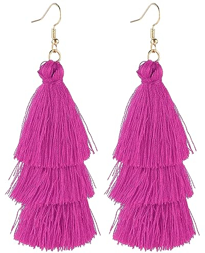 Quasten Ohrringe Anh?nger Rose Rot Damen Geschichtete Bohemian Ohrringe mit Fransen Quaste Ohrringe Weihnachten Geburtstag Tassel Earrings Hochzeit Valentinstag Quastenohrringe Schmuck Geschenke
