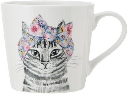 Mikasa x Tipperleyhill tasse en porcelaine, 380ml, tasse en porcelaine fine avec détails en or véritable, mug fantaisie pour le thé et le café avec impression de chat, emballage cadeau