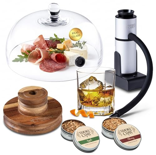 Whiskey Smoker Kit with Smoke Gun, Acacia Top and 8 Glass Dome for Food