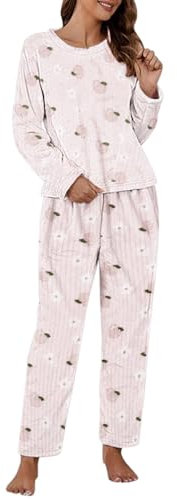 Generisch Pigiama da donna, 54, casual, in pile coral, a maniche lunghe e pantaloni lunghi, stampa pesca, pigiameria in due pezzi, in flanella, per bambini, Colore: rosa., Taglia unica