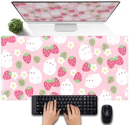 Pink Kawaii Desk Pad Strawberry Field Large Extended Mouse Pad Cute XXL Laptop Computer Mouse Pad Gaming Computer Pad Women Desk Decor Accessories 31.5 x 15.7 Inch