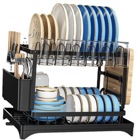 GLOGLOW Escurridor de Platos de Aluminio con Escurridor, Organizador de Platos de 2 Niveles y Soporte para Utensilios, Soporte para Utensilios de Encimera