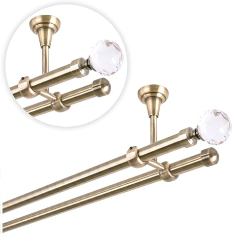 Gardinenstange 160 cm für Deckenmontage, Vorhangstange 19 mm 2-läufig Antik Gold, Gardinenstangenset mit Kugel Kristall