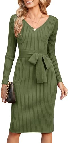 Newshows Jumper Dress for Women UK Army Green Long Sleeve V Neck Knitted Dress Ladies Bodycon Sweater Dress with Belt
