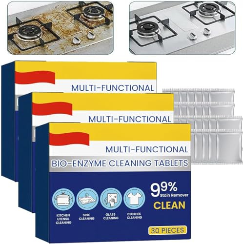Multifunktionale Bio-Enzym-Reinigungstabletten, Schaum-Rostentferner, Küche, Allzweck-Reinigungspulver, Wasserflaschen-Reinigungstabletten, Haushalts-Enzymreiniger für Kleidung, Kochfelder (3 Boxen)
