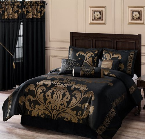 Chezmoi Collection Royale 7-Piece Jacquard Floral Comforter Bedding Set, Oversized Queen, Black/Gold