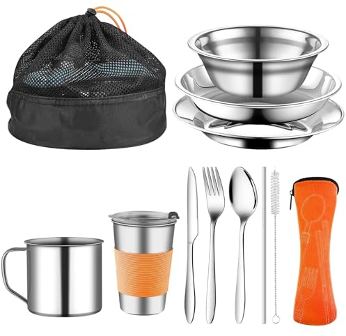 Vaisselle Camping,10 Morceaux Couverts Camping Apportez des Assiettes, des Bols, des Tasses, des Fourchettes, des Cuillères et des Sacs à Couverts,Couvert Camping Convient pour les Voyages,Pique-nique