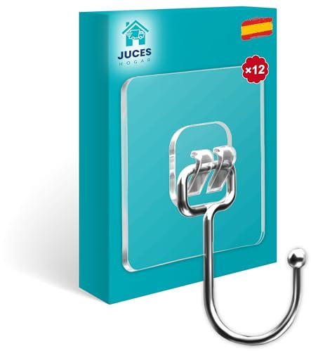 Juces Hogar® - 12 Ganchos Adhesivos para Pared - Soporta Hasta 20kg - TAMAÑO GRANDE 7x7cm - Colgadores Adhesivos Resistentes de Acero Inoxidable - Ganchos para colgar para Baño y Cocina