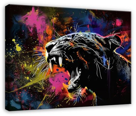 WallArena - Leinwand Bilder - Panther - 100x70 cm Leinwandbilder - Bild auf leinwand - Wandbild XXL groß Wandbilder für Wohnzimmer Schlafzimmer Wohnzimmerbilder Modern kunstdruck - Tiere Bunt Schwarz