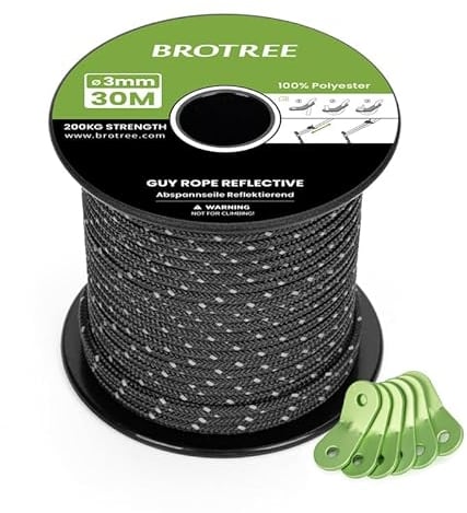 BROTREE Tent Guy Rope 3mm 30m Reflective Guy Line Heavy Duty Guide Rope with 6Pcs Aluminum Tensioners for Tent Gazebo Awning Camping (Black)