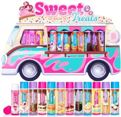 Beauty4Britain Kids Lippenbalsam Set Sweet Treats - 12 verschiedene Dessert Aromen, Bienenwachs & Kokosöl, farblos, für Mädchen und Jungen