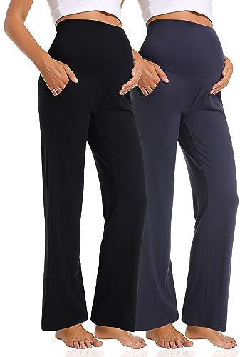 Gowjog 2 Packs Pantalon Maternité Jambes Larges Pantalon Long Décontracté De Taille Haute Grossesse Femme Pantalons De Grossesse (Noir/Bleu Marine,XXL)