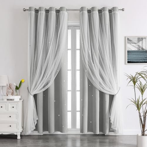 Vorhänge Mit Sternenausschnitt Für Schlafzimmer, 2 Paneele, 2-in-1-Lichtblockierende Verdunkelungsvorhänge Mit Transparenten ösen, Fenstervorhänge Für Wohnzimmer, Kinderzimmer, B52 x L72, Grau